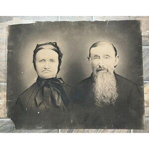 Original Photo Victorian Married Couple 16x20" Black Bonnet Woman Bearded Man